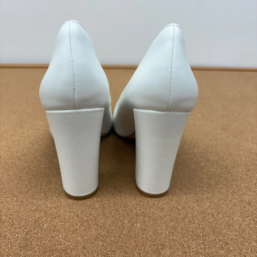IDIFU Women 8.5 IN4 White Pointed Toe Block Heel Pumps Comfort Dress‎ Shoes